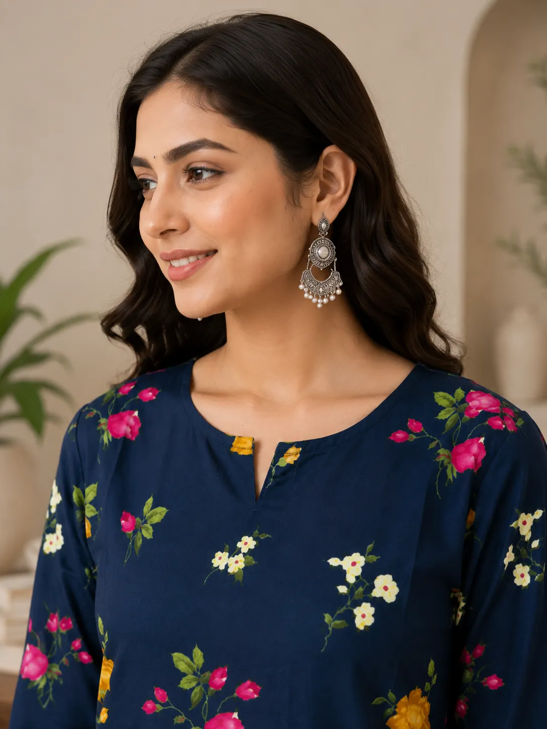 Women’s Navy Blue Floral Printed Cotton Kurti - Image 2