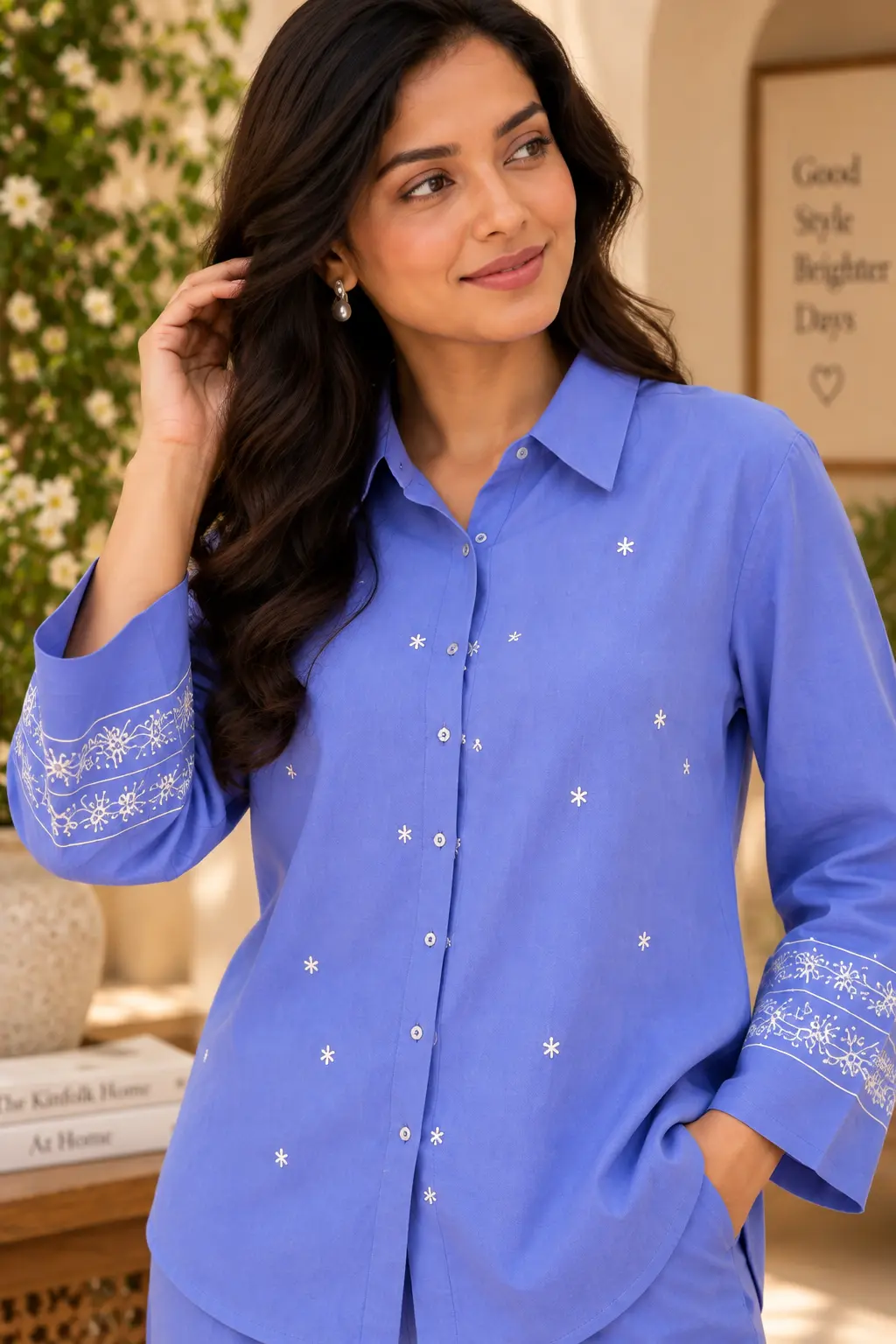 Women’s Blue Embroidered Co-Ord Set with Shirt & Wide-Leg Pants - Image 5