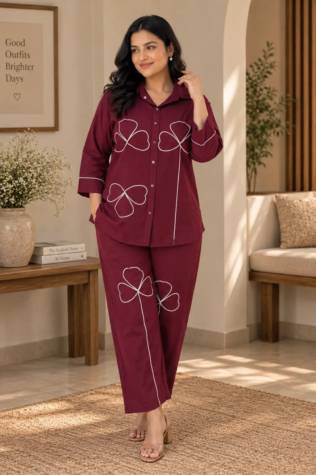 Women’s Maroon Printed Co-Ord Set with Shirt & Straight-Leg Pants